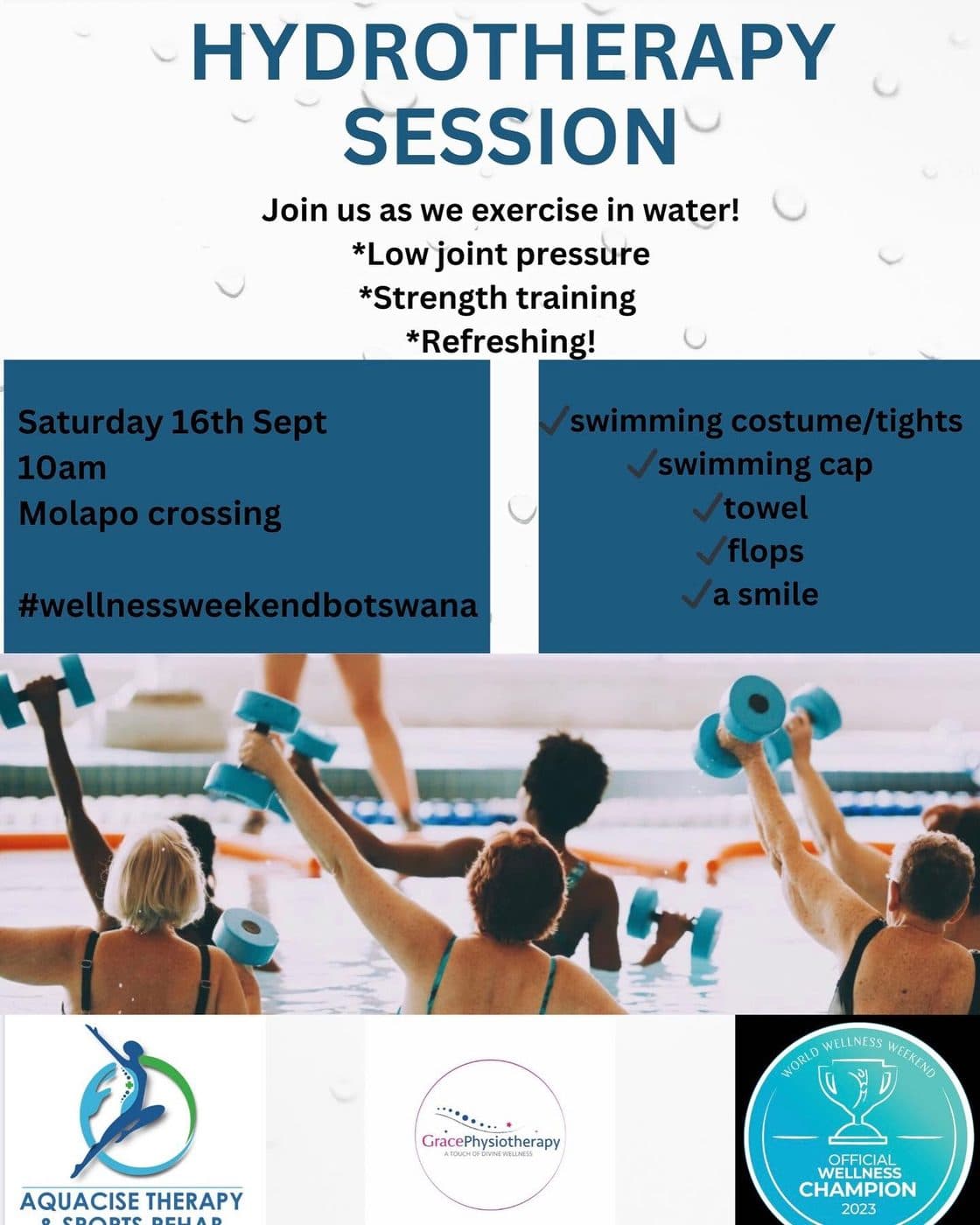 Grace Physiotherapy artwork announcing a hydrotherapy session at Molapo Crossing.