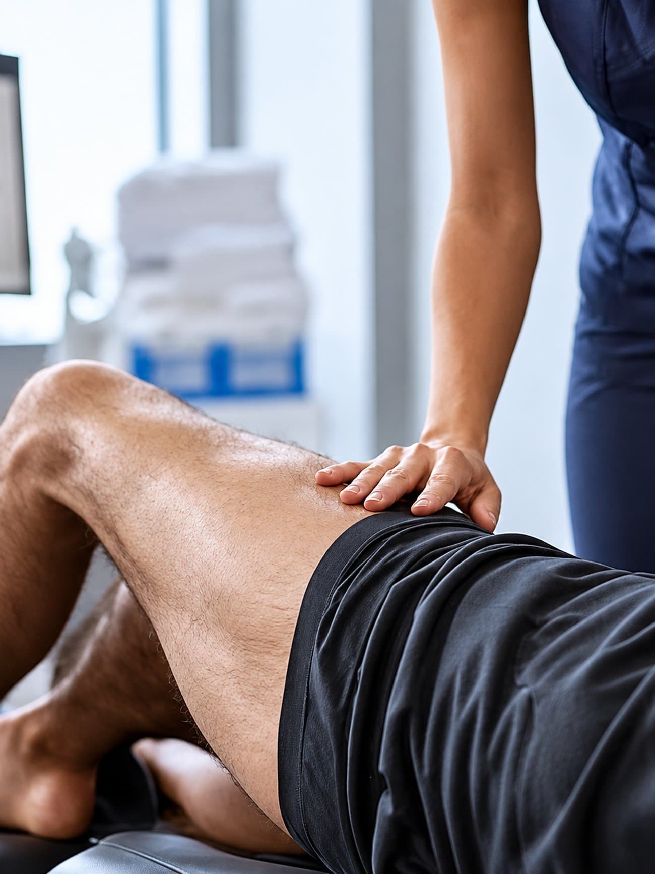 A physiotherapist applying hands-on manual therapy to a patient's thigh during a treatment session.