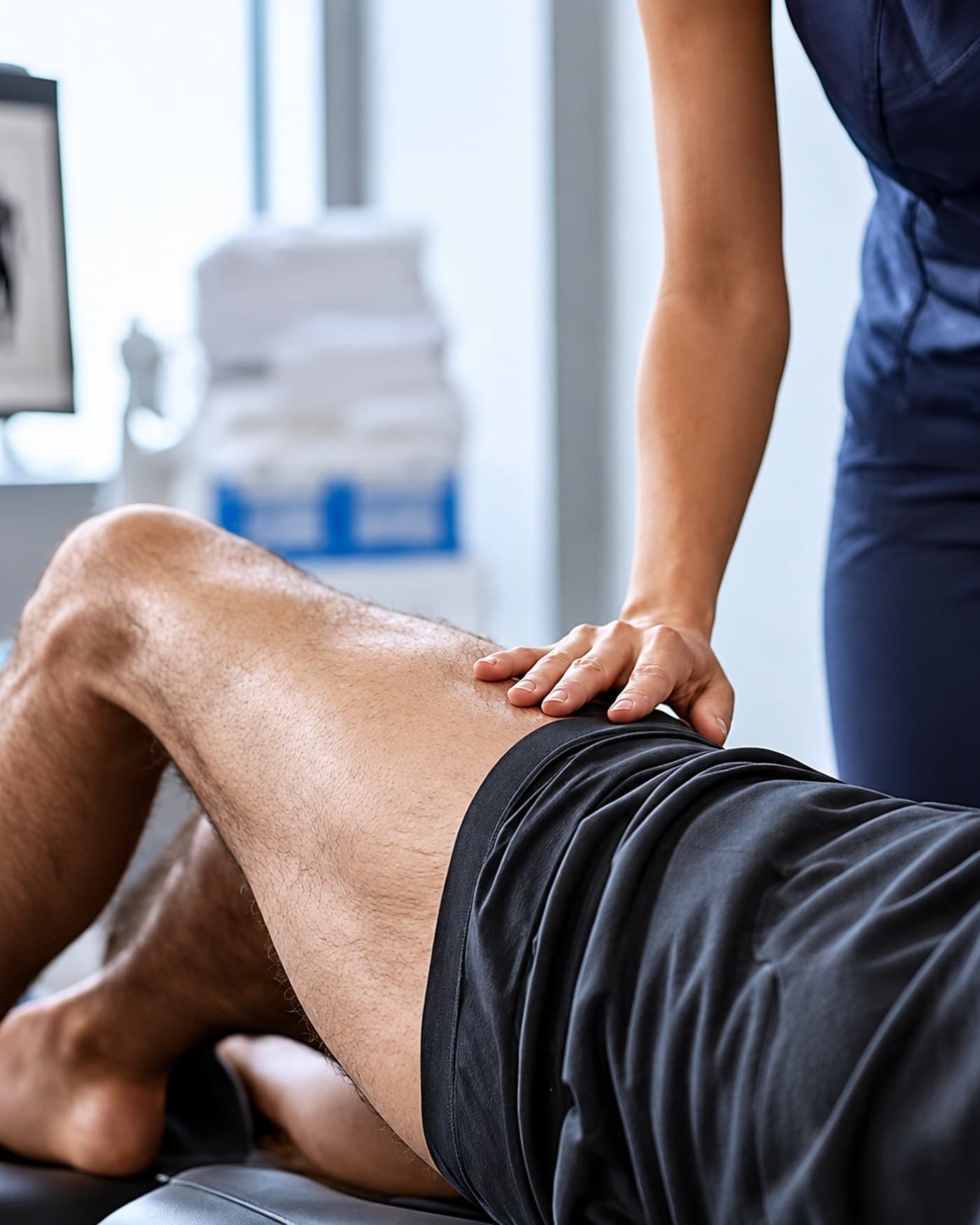 A physiotherapist applying hands-on manual therapy to a patient's thigh during a treatment session.